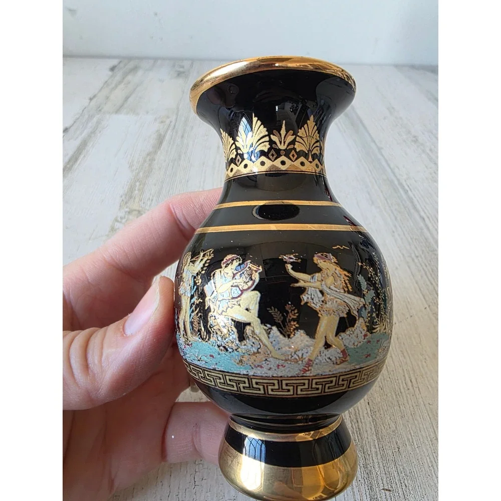 Vintage Olympia Greece mini black vase 24K decor gold‎